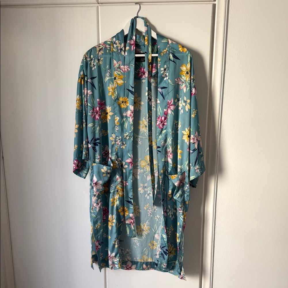 Bershka Floral Robe - Blue with Yellow and Pink Accents